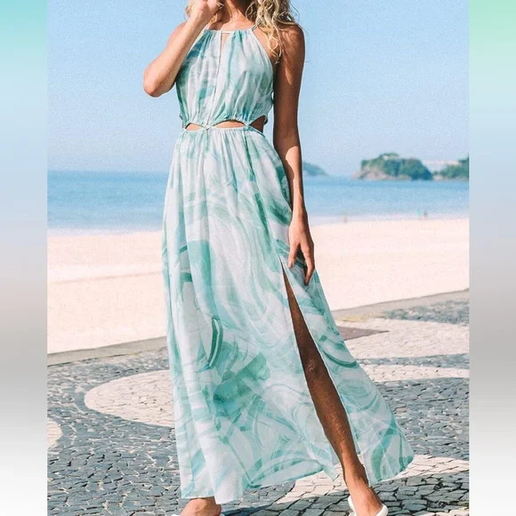 white christmas dresses Long Halter Tropical Print Slit Dress – The Dress Outlet main image 0